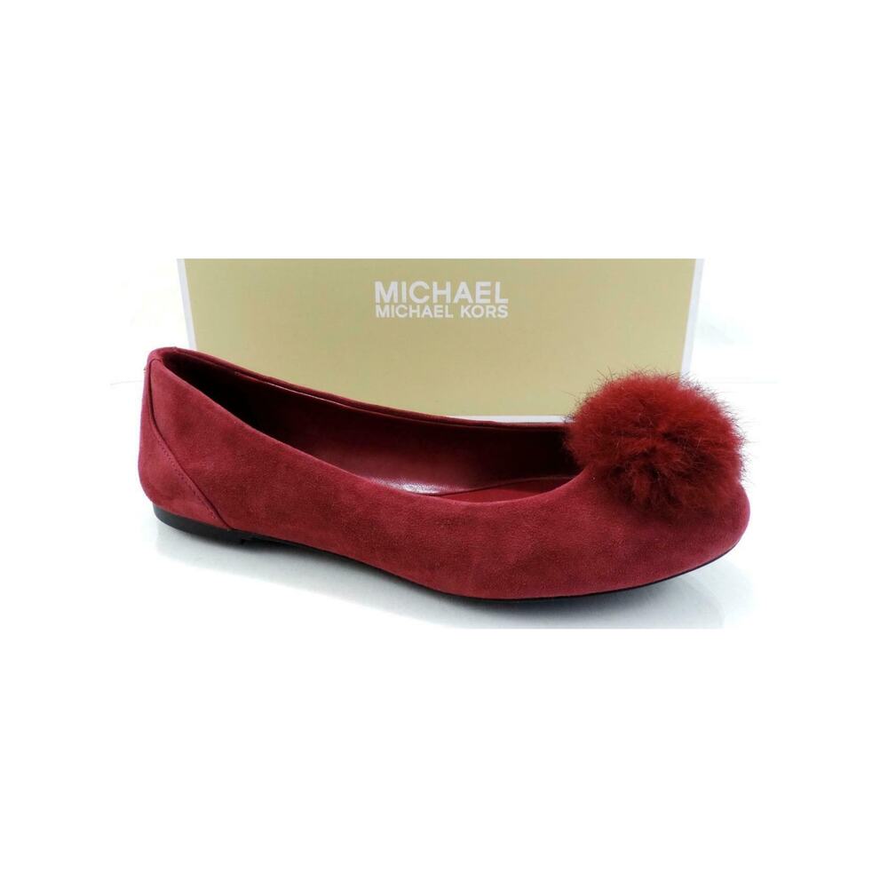 Michael Kors Remi Ballet Flat Shoes Pom Pom Mulberry Red Suede / Fur Size 7